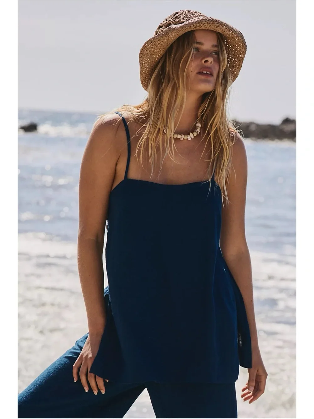 Free People Free-est Sightseer Poseidon Navy Blue Linen Tank Pant Set Large